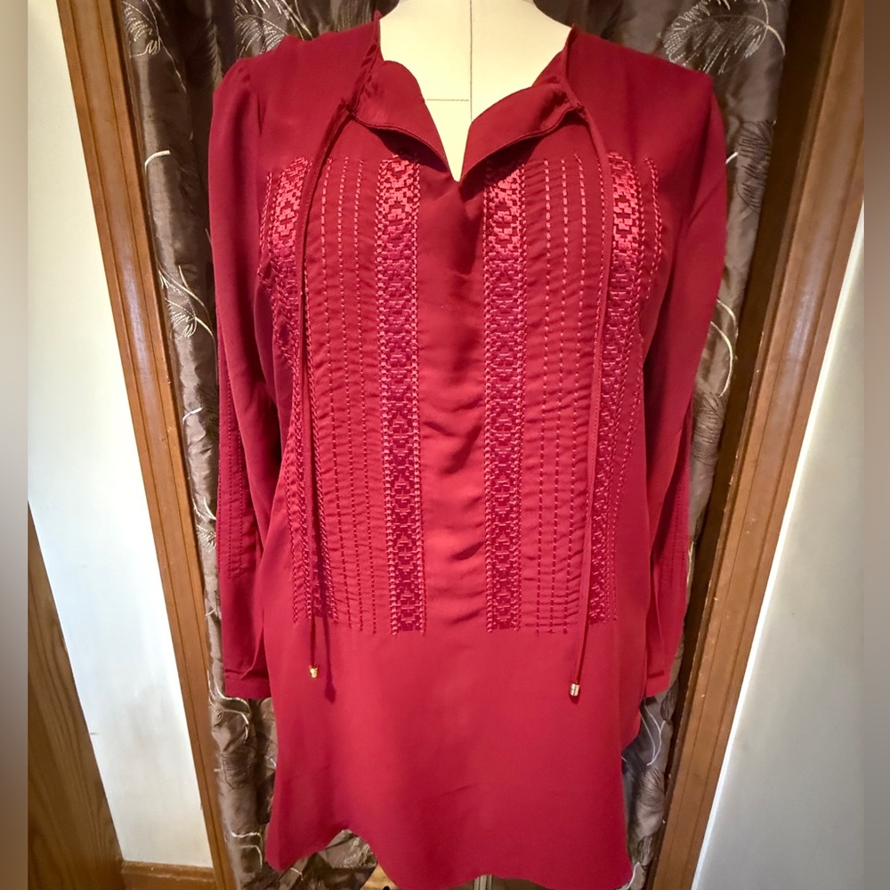 Rose & Olive Red Long Sleeve Tunic with Notched Collar Size L